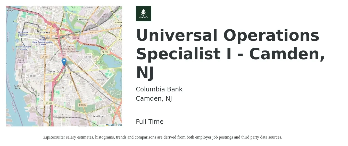 Columbia Bank job posting for a Universal Operations Specialist I - Camden, NJ in Camden, NJ with a salary of $48,300 to $82,100 Yearly with a map of Camden location.