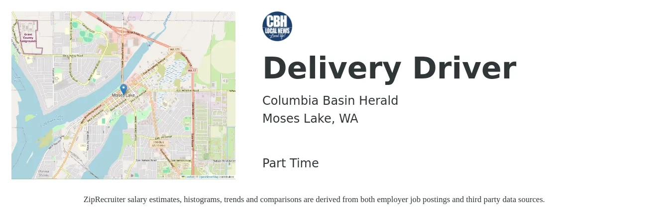 Columbia Basin Herald job posting for a Delivery Driver in Moses Lake, WA with a salary of $18 to $22 Hourly with a map of Moses Lake location.