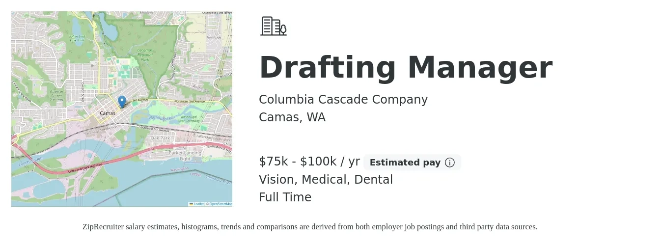 Columbia Cascade Company job posting for a Drafting Manager in Camas, WA with a salary of $75,000 to $100,000 Yearly and benefits including pto, retirement, vision, dental, life_insurance, and medical with a map of Camas location.
