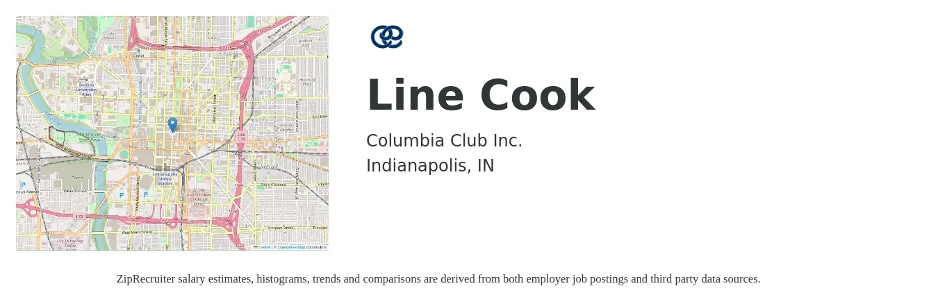 Columbia Club Inc. job posting for a Line Cook in Indianapolis, IN with a salary of $15 to $19 Hourly with a map of Indianapolis location.