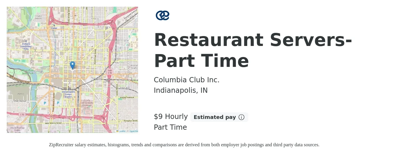 Columbia Club Inc. job posting for a Restaurant Servers-Part Time in Indianapolis, IN with a salary of $10 to $10 Hourly with a map of Indianapolis location.