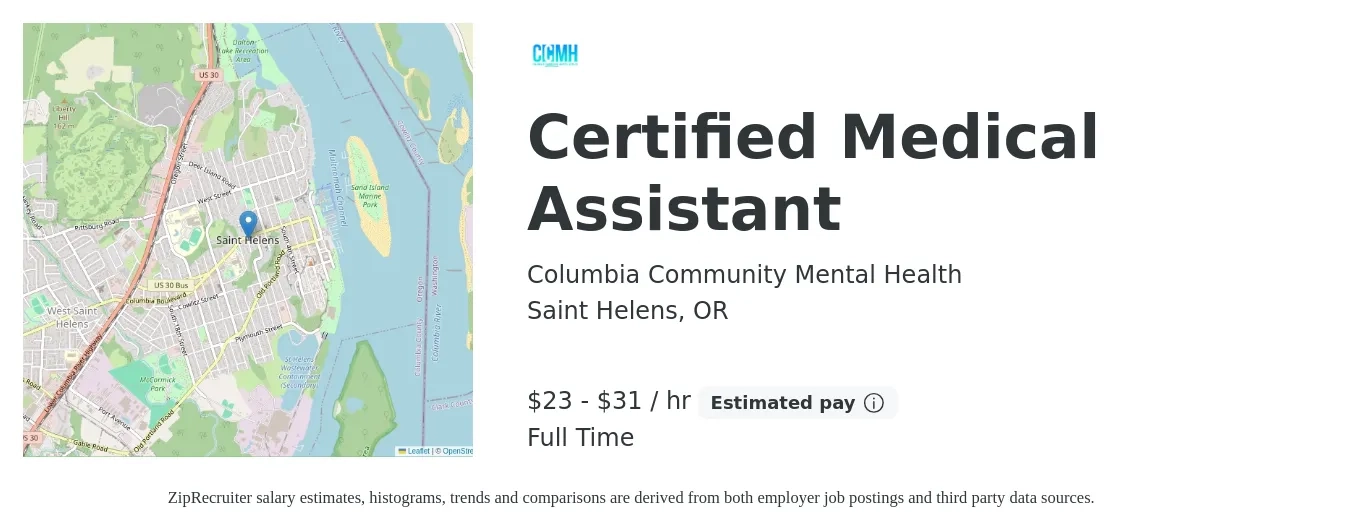 Columbia Community Mental Health job posting for a Certified Medical Assistant in Saint Helens, OR with a salary of $25 to $33 Hourly with a map of Saint Helens location.