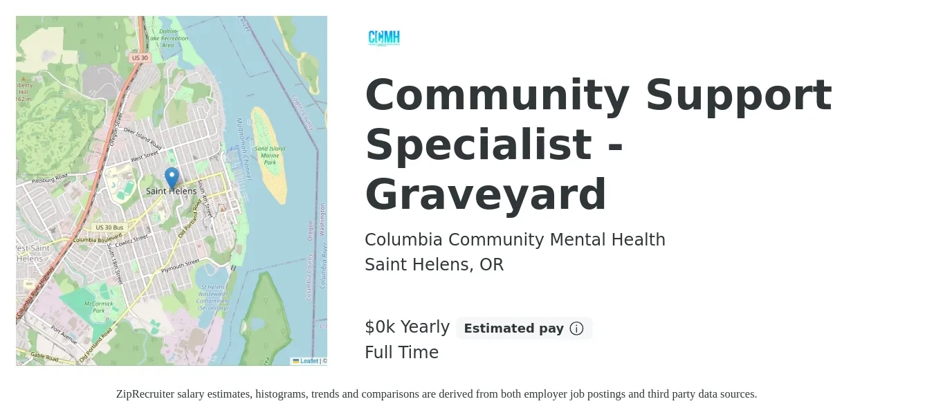 Columbia Community Mental Health job posting for a Community Support Specialist - Graveyard in Saint Helens, OR with a salary of $21 to $27 Yearly with a map of Saint Helens location.