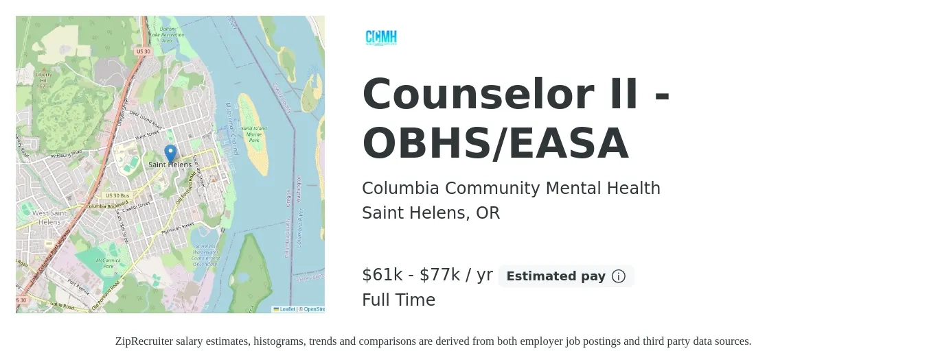 Columbia Community Mental Health job posting for a Counselor II - OBHS/EASA in Saint Helens, OR with a salary of $61,090 to $77,210 Yearly with a map of Saint Helens location.