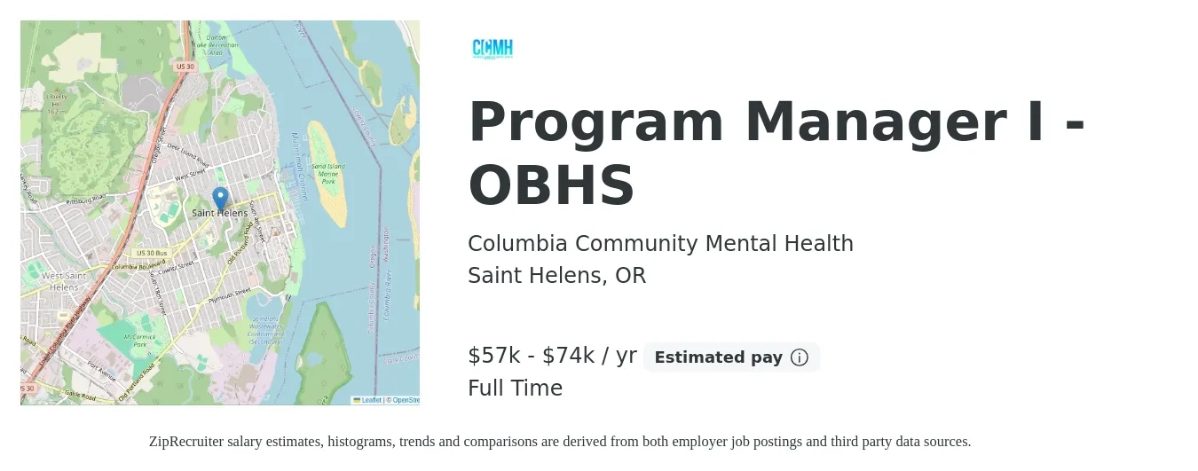 Columbia Community Mental Health job posting for a Program Manager I - OBHS in Saint Helens, OR with a salary of $57,304 to $74,818 Yearly with a map of Saint Helens location.