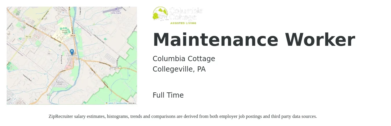 Columbia Cottage job posting for a Maintenance Worker in Collegeville, PA with a salary of $17 to $24 Hourly with a map of Collegeville location.