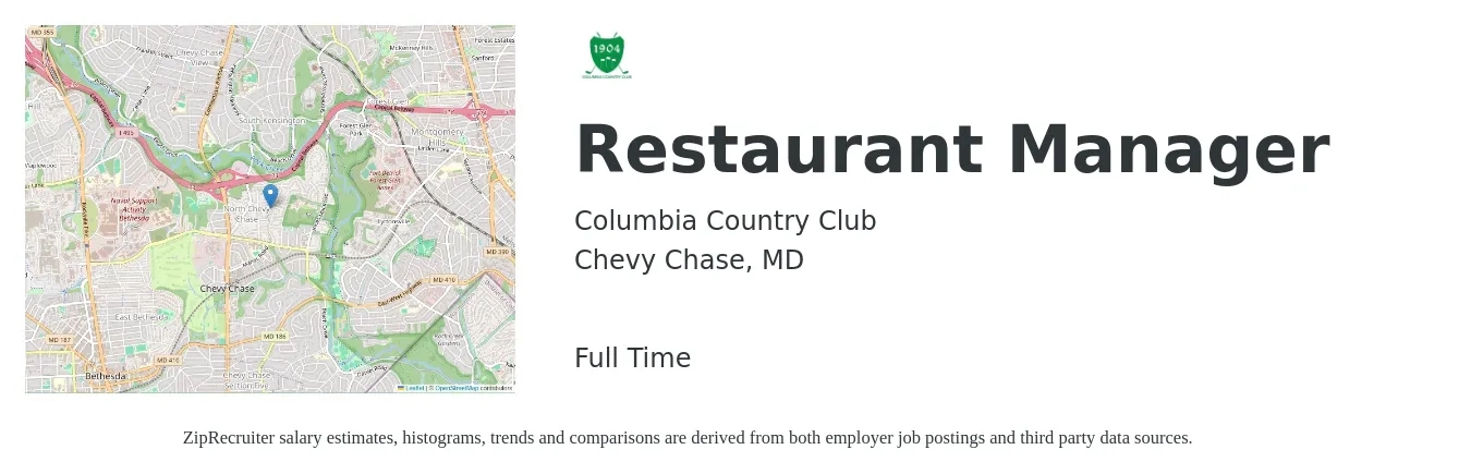 Columbia Country Club job posting for a Restaurant Manager in Chevy Chase, MD with a salary of $48,000 to $67,700 Yearly with a map of Chevy Chase location.