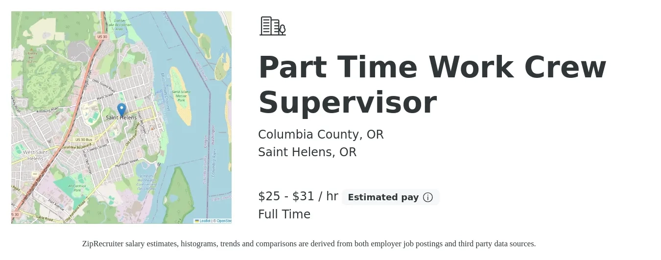 Columbia County, OR job posting for a Part Time Work Crew Supervisor in Saint Helens, OR with a salary of $26 to $33 Hourly with a map of Saint Helens location.