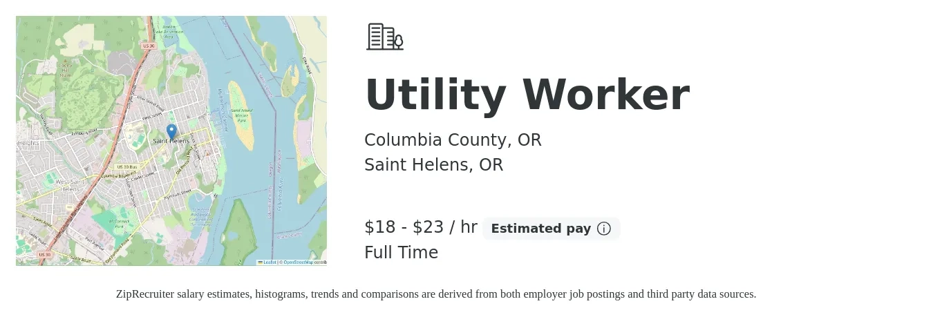 Columbia County, OR job posting for a Utility Worker in Saint Helens, OR with a salary of $20 to $24 Hourly with a map of Saint Helens location.