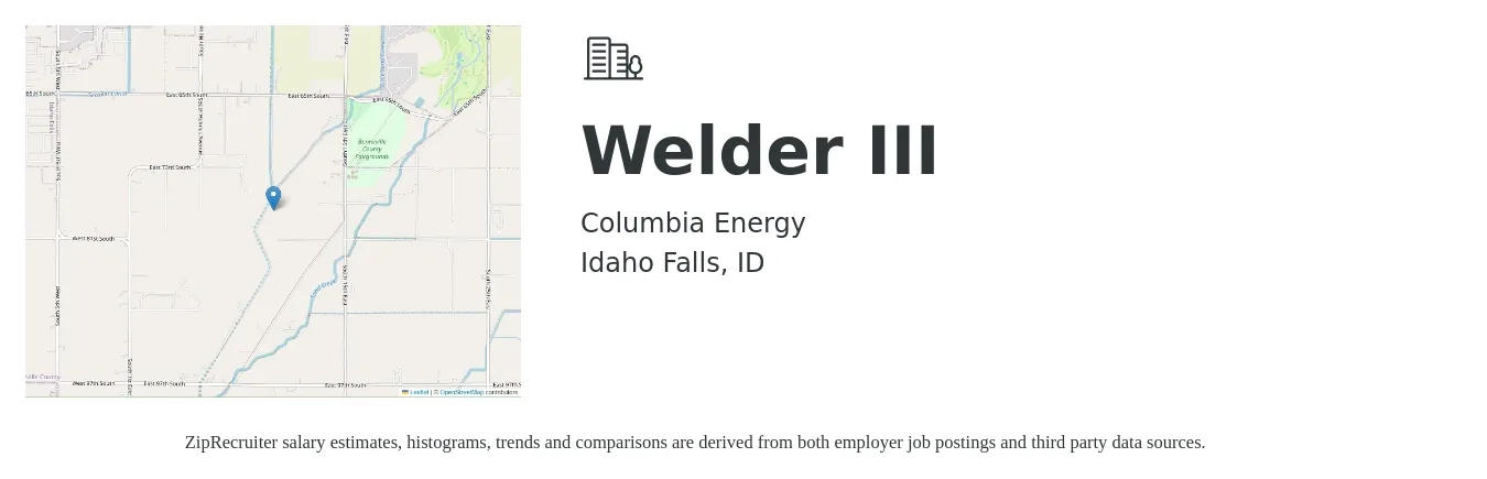 Columbia Energy job posting for a Welder III in Idaho Falls, ID with a salary of $38 to $52 Hourly with a map of Idaho Falls location.