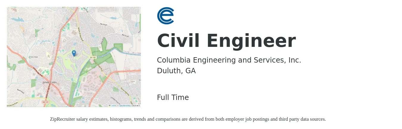 Columbia Engineering and Services, Inc. job posting for a Civil Engineer in Duluth, GA with a salary of $62,100 to $90,700 Yearly with a map of Duluth location.