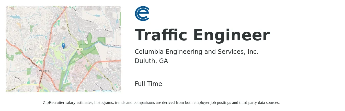 Columbia Engineering and Services, Inc. job posting for a Traffic Engineer in Duluth, GA with a salary of $80,100 to $109,100 Yearly with a map of Duluth location.