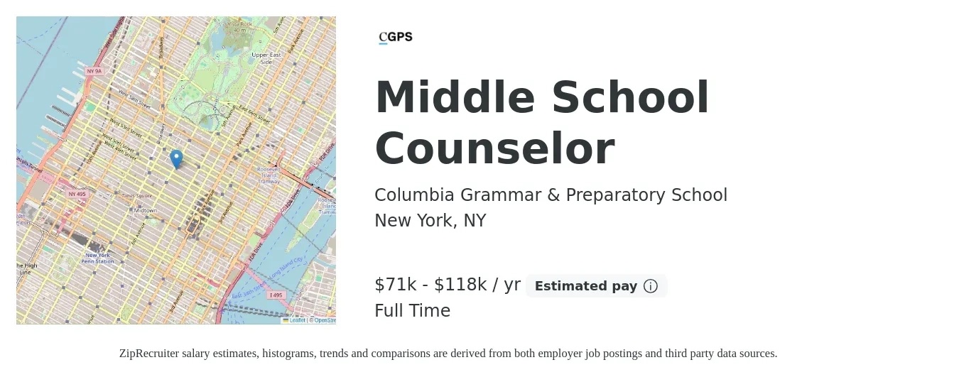 Columbia Grammar & Preparatory School job posting for a Middle School Counselor in New York, NY with a salary of $71,000 to $118,500 Yearly with a map of New York location.