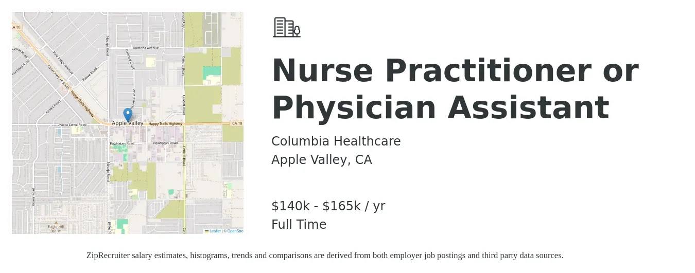 Columbia Healthcare job posting for a Nurse Practitioner or Physician Assistant in Apple Valley, CA with a salary of $140,000 to $165,000 Yearly with a map of Apple Valley location.