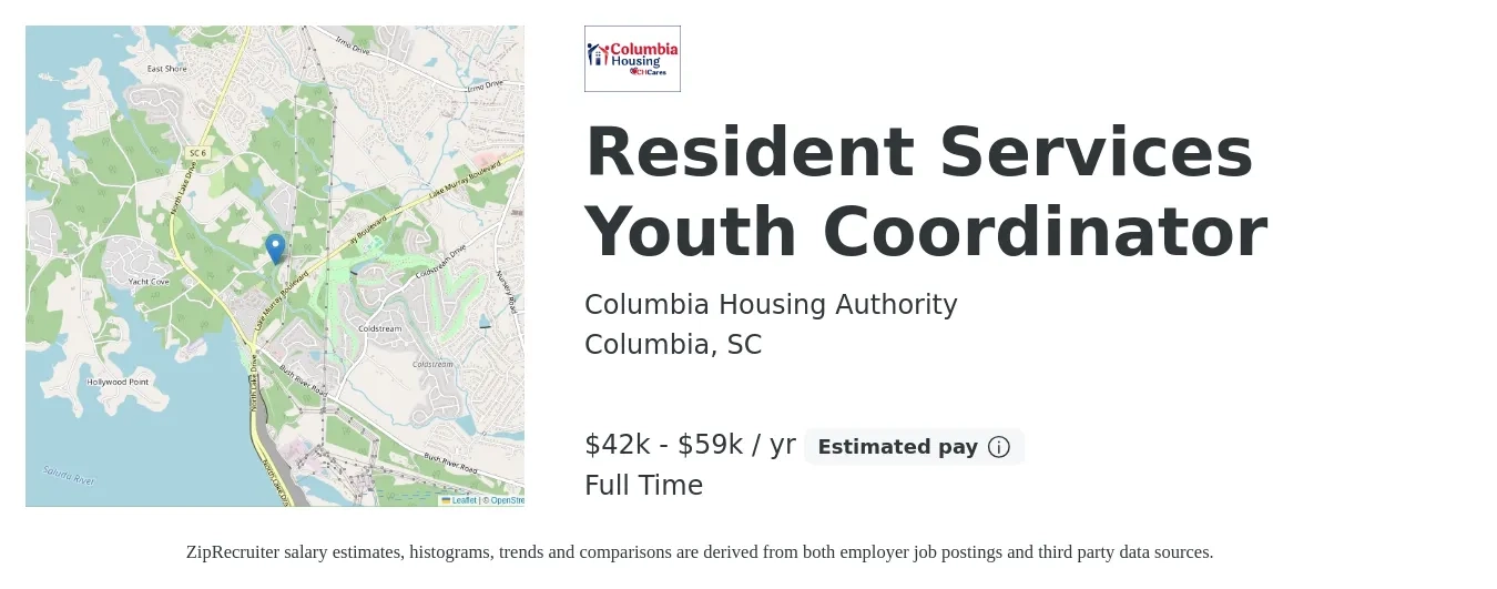 Columbia Housing Authority job posting for a Resident Services Youth Coordinator in Columbia, SC with a salary of $42,800 to $59,800 Yearly with a map of Columbia location.