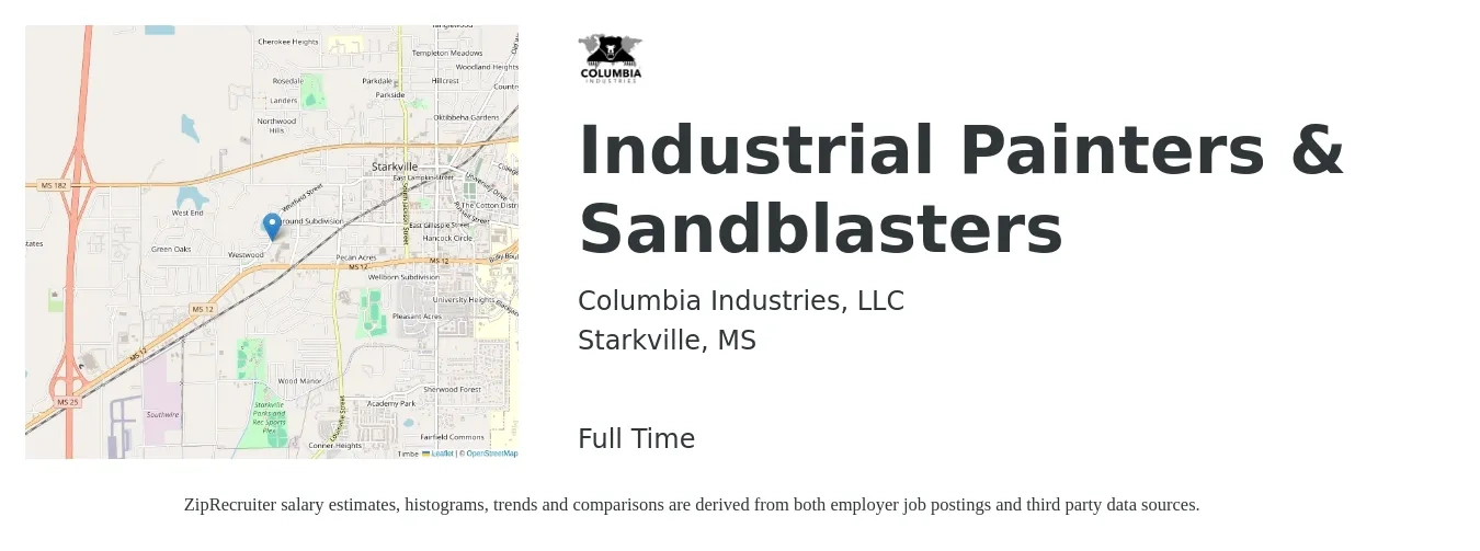 Columbia Industries, LLC job posting for a Industrial Painters & Sandblasters in Starkville, MS with a salary of $16 to $22 Hourly with a map of Starkville location.