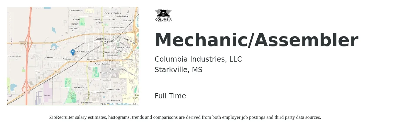 Columbia Industries, LLC job posting for a Mechanic/Assembler in Starkville, MS with a salary of $19 to $32 Hourly with a map of Starkville location.