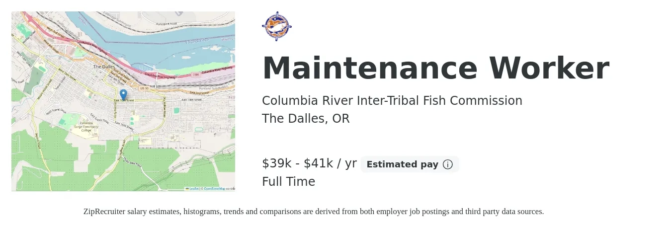 Columbia River Inter-Tribal Fish Commission job posting for a Maintenance Worker in The Dalles, OR with a salary of $39,097 to $41,704 Yearly with a map of The Dalles location.
