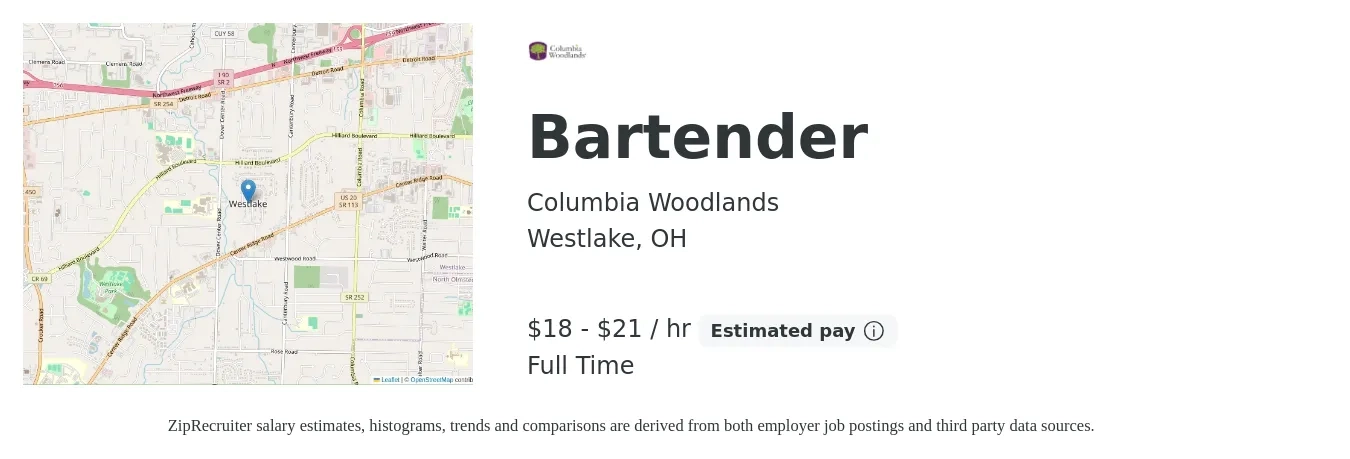 Columbia Woodlands job posting for a Bartender in Westlake, OH with a salary of $18 to $22 Hourly with a map of Westlake location.