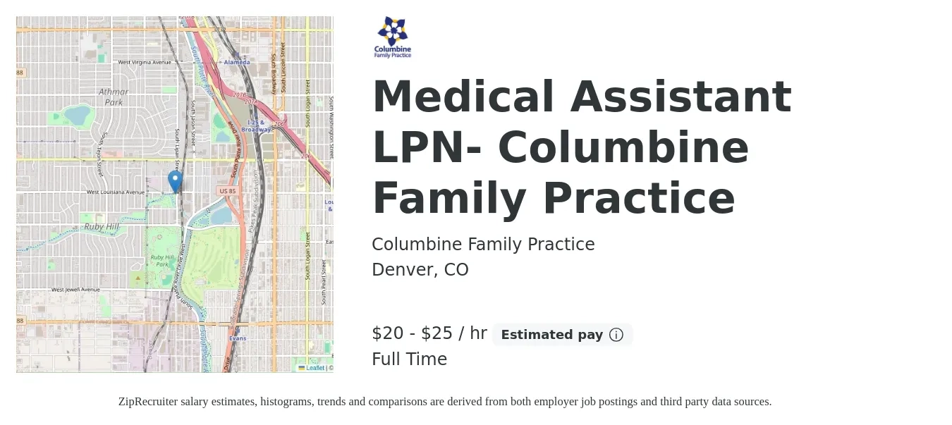 Columbine Family Practice job posting for a Medical Assistant LPN- Columbine Family Practice in Denver, CO with a salary of $21 to $27 Hourly with a map of Denver location.