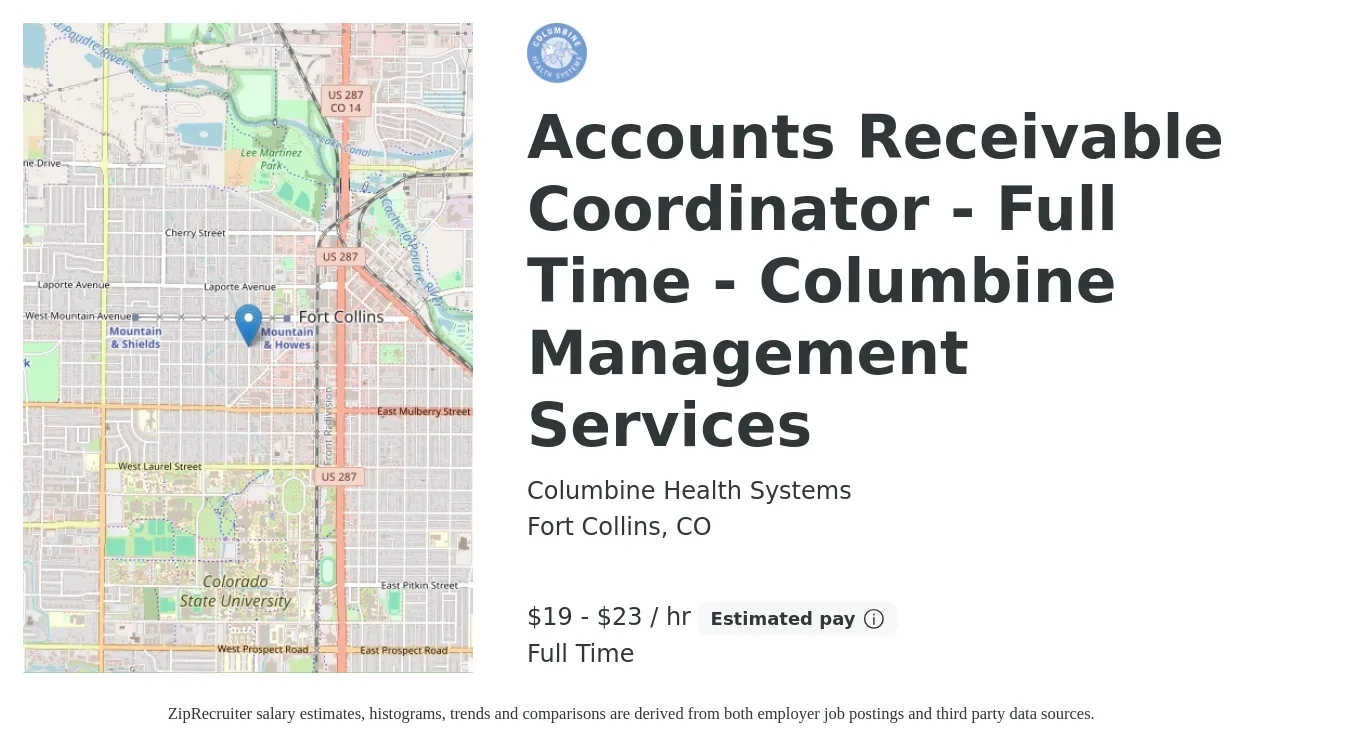 Columbine Health Systems job posting for a Accounts Receivable Coordinator - Full Time - Columbine Management Services in Fort Collins, CO with a salary of $20 to $24 Hourly with a map of Fort Collins location.