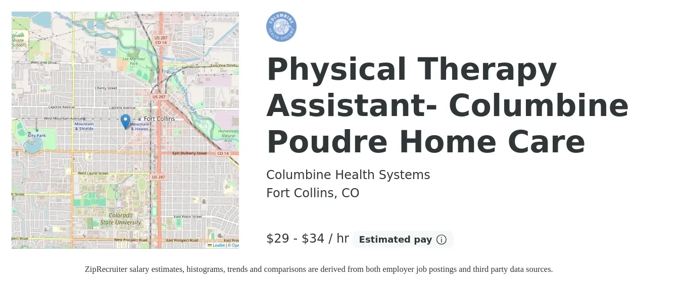 Columbine Health Systems job posting for a Physical Therapy Assistant- Columbine Poudre Home Care in Fort Collins, CO with a salary of $31 to $36 Hourly with a map of Fort Collins location.