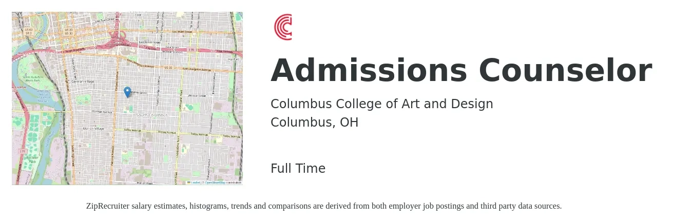 Columbus College of Art and Design job posting for a Admissions Counselor in Columbus, OH with a salary of $37,200 to $50,200 Yearly with a map of Columbus location.