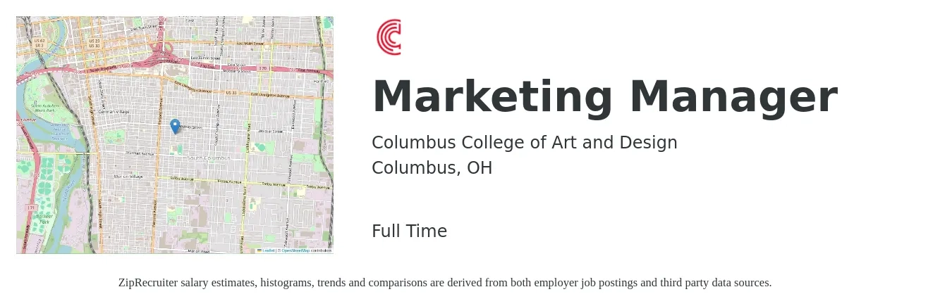 Columbus College of Art and Design job posting for a Marketing Manager in Columbus, OH with a salary of $58,000 to $94,700 Yearly with a map of Columbus location.