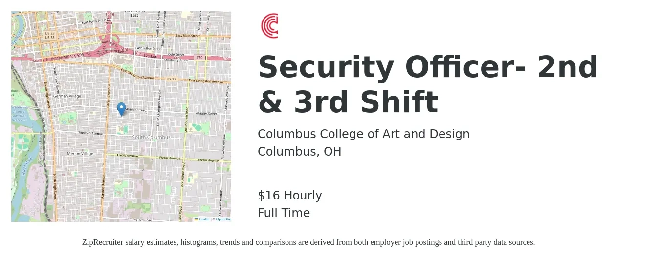 Columbus College of Art and Design job posting for a Security Officer- 2nd & 3rd Shift in Columbus, OH with a salary of $17 Hourly with a map of Columbus location.