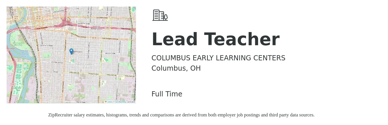 COLUMBUS EARLY LEARNING CENTERS job posting for a Lead Teacher in Columbus, OH with a salary of $14 to $19 Hourly with a map of Columbus location.