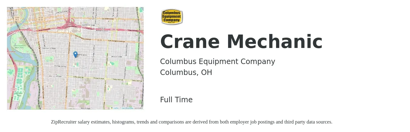 Columbus Equipment Company job posting for a Crane Mechanic in Columbus, OH with a salary of $25 to $34 Hourly with a map of Columbus location.