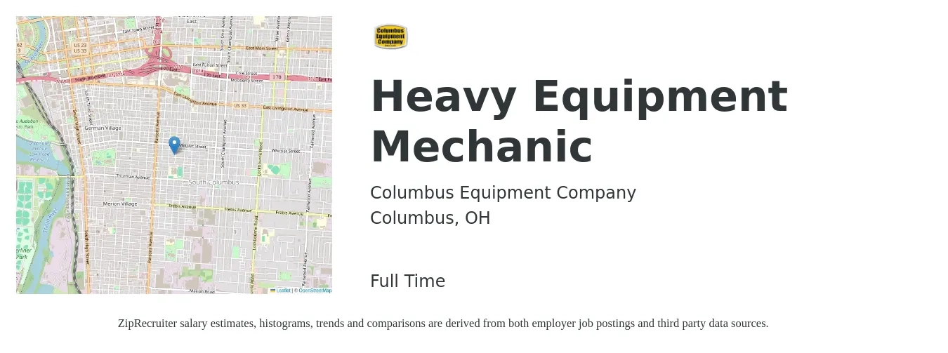 Columbus Equipment Company job posting for a Heavy Equipment Mechanic in Columbus, OH with a salary of $25 to $33 Hourly with a map of Columbus location.