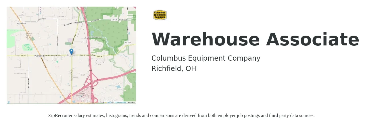 Columbus Equipment Company job posting for a Warehouse Associate in Richfield, OH with a salary of $15 to $18 Hourly with a map of Richfield location.