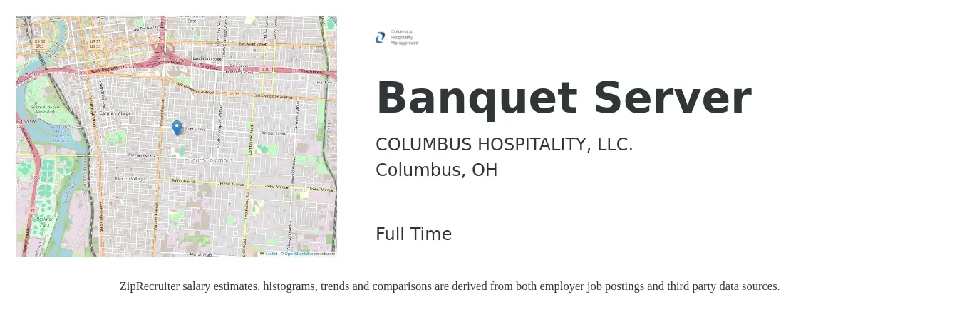 COLUMBUS HOSPITALITY, LLC. job posting for a Banquet Server in Columbus, OH with a salary of $14 to $17 Hourly with a map of Columbus location.
