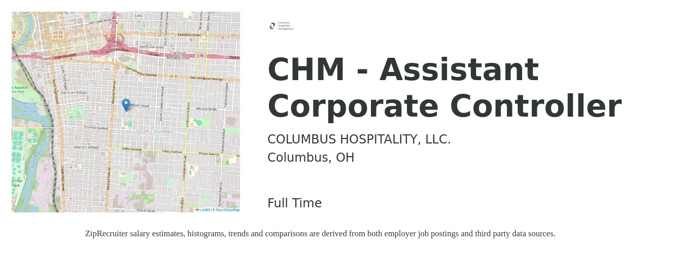 COLUMBUS HOSPITALITY, LLC. job posting for a CHM - Assistant Corporate Controller in Columbus, OH with a salary of $77,300 to $135,200 Yearly with a map of Columbus location.