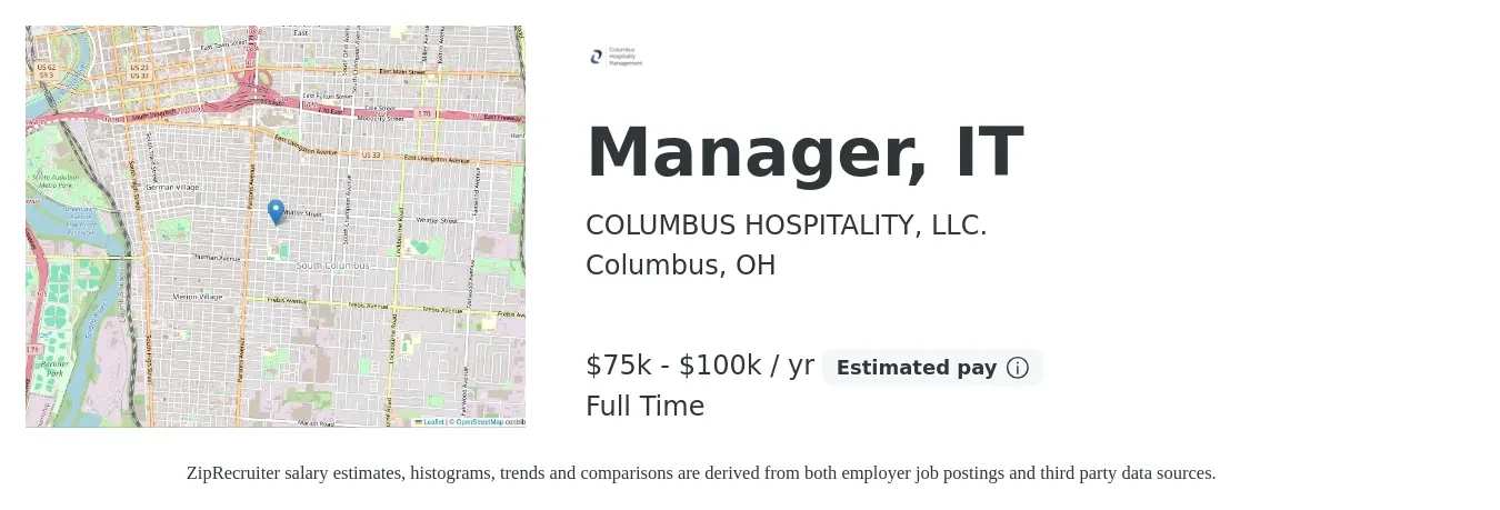 COLUMBUS HOSPITALITY, LLC. job posting for a Manager, IT in Columbus, OH with a salary of $75,000 to $100,000 Yearly with a map of Columbus location.