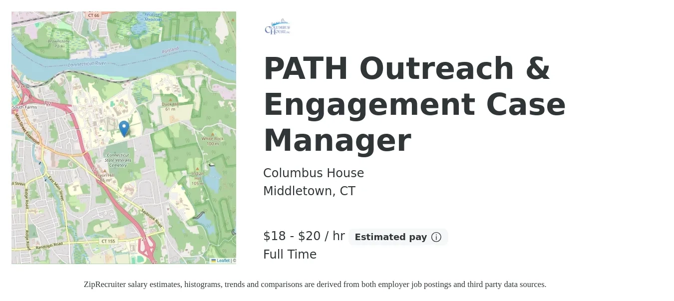 Columbus House job posting for a PATH Outreach & Engagement Case Manager in Middletown, CT with a salary of $19 to $21 Hourly with a map of Middletown location.