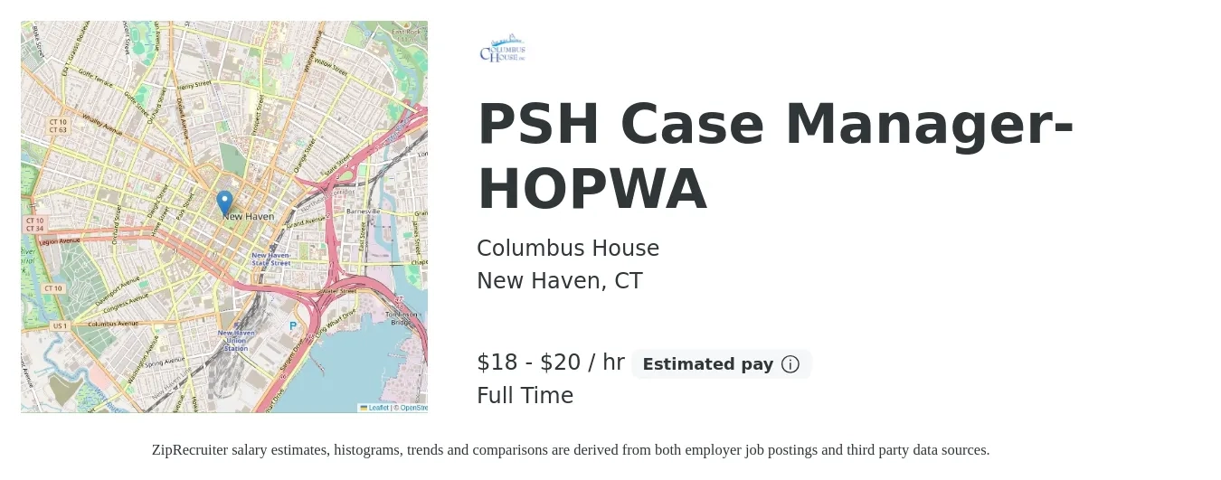 Columbus House job posting for a PSH Case Manager- HOPWA in New Haven, CT with a salary of $19 to $21 Hourly with a map of New Haven location.