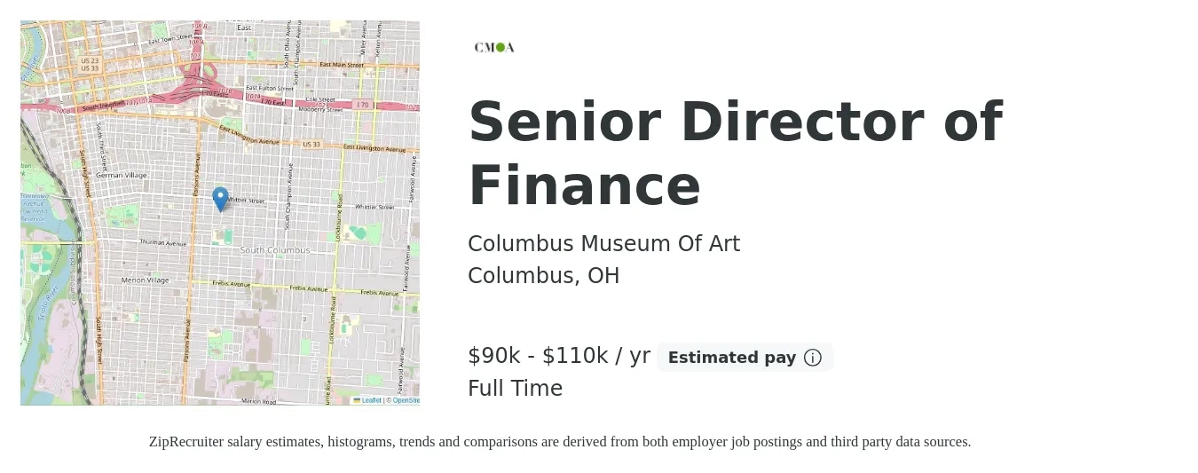 Columbus Museum Of Art job posting for a Senior Director of Finance in Columbus, OH with a salary of $90,000 to $110,000 Yearly with a map of Columbus location.