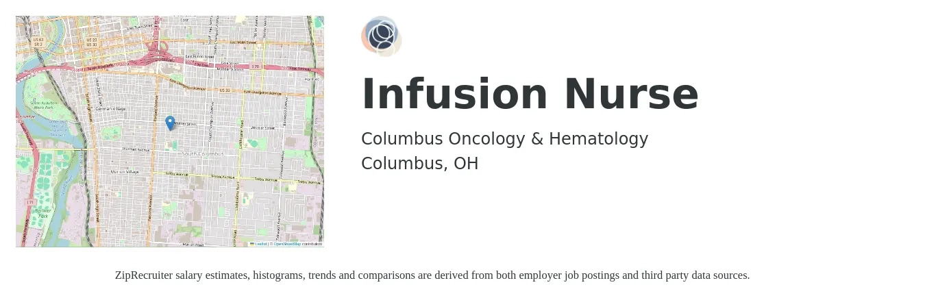 Columbus Oncology & Hematology job posting for a Infusion Nurse in Columbus, OH with a salary of $34 to $46 Hourly with a map of Columbus location.