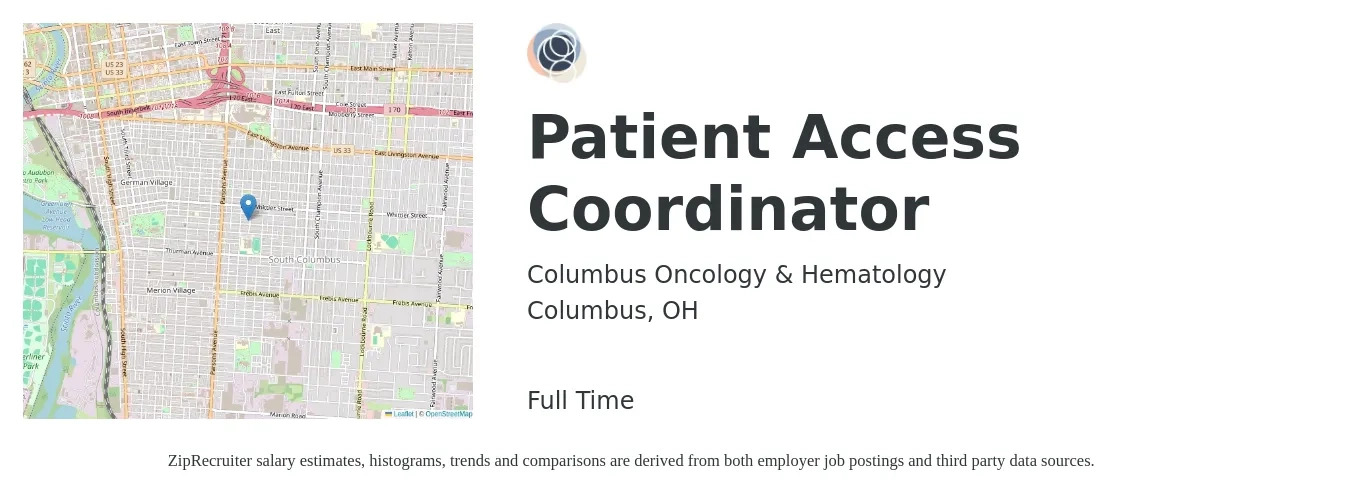 Columbus Oncology & Hematology job posting for a Patient Access Coordinator in Columbus, OH with a salary of $16 to $20 Hourly with a map of Columbus location.