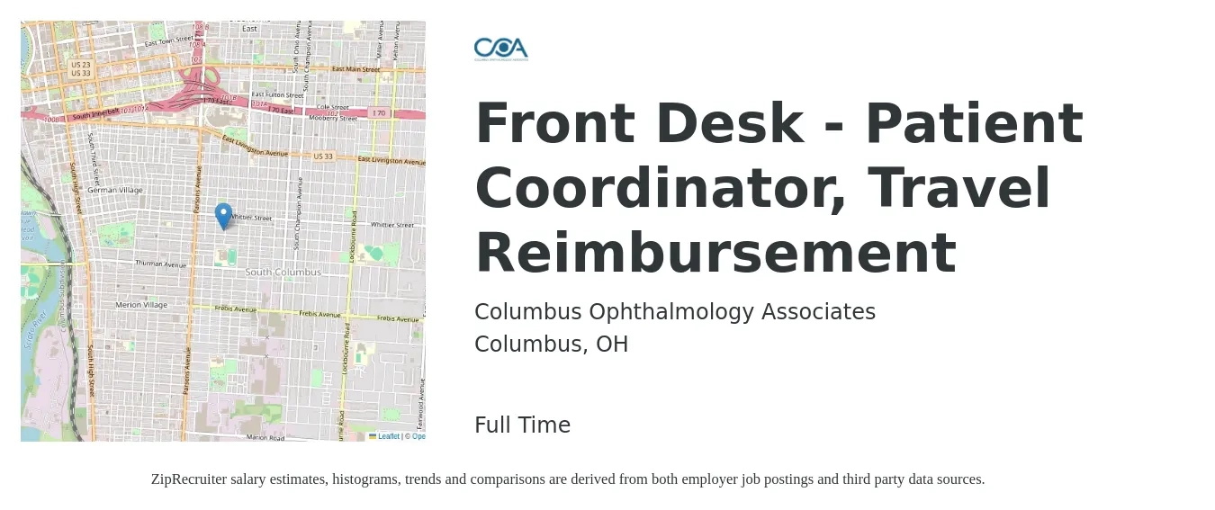 Columbus Ophthalmology Associates job posting for a Front Desk - Patient Coordinator, Travel Reimbursement in Columbus, OH with a salary of $16 to $21 Hourly with a map of Columbus location.