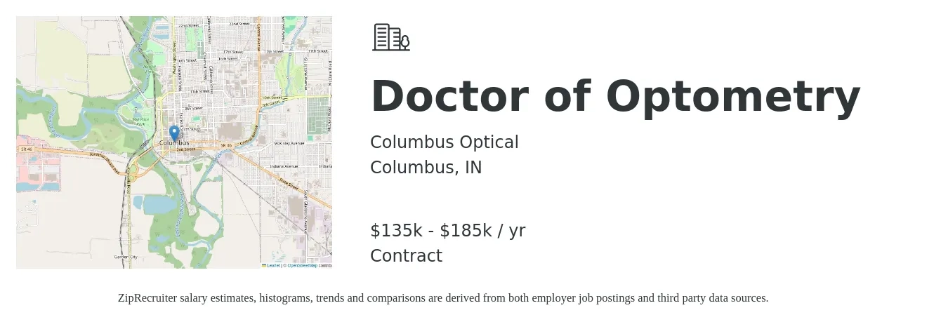 Columbus Optical job posting for a Doctor of Optometry in Columbus, IN with a salary of $135,000 to $185,000 Yearly with a map of Columbus location.