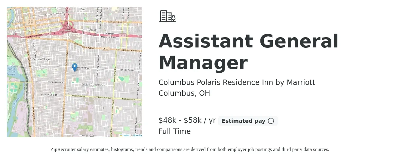 Columbus Polaris Residence Inn by Marriott job posting for a Assistant General Manager in Columbus, OH with a salary of $48,000 to $58,000 Yearly with a map of Columbus location.