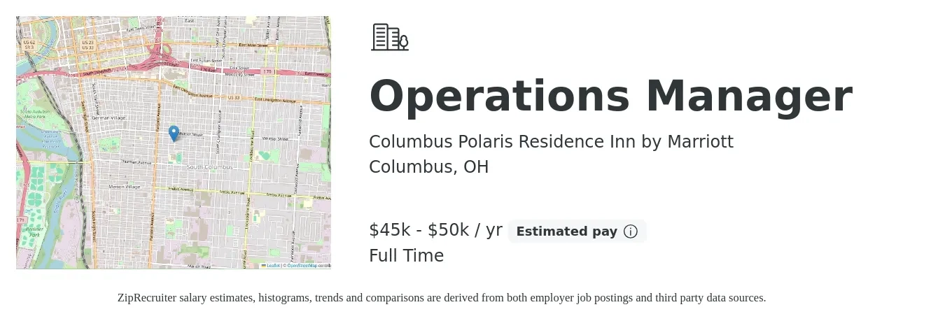 Columbus Polaris Residence Inn by Marriott job posting for a Operations Manager in Columbus, OH with a salary of $45,000 to $50,000 Yearly with a map of Columbus location.