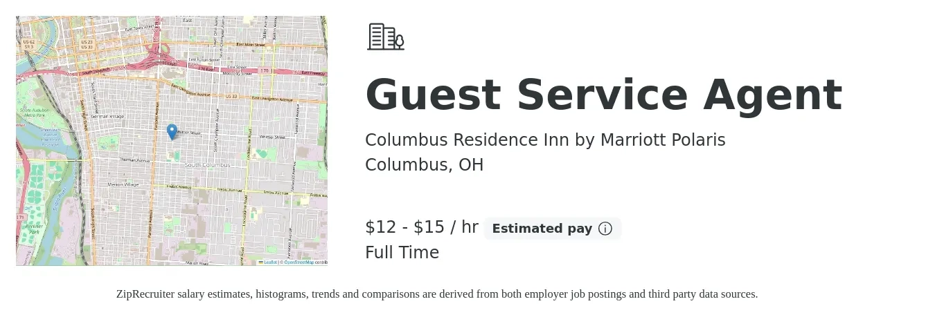 Columbus Residence Inn by Marriott Polaris job posting for a Guest Service Agent in Columbus, OH with a salary of $13 to $16 Hourly with a map of Columbus location.