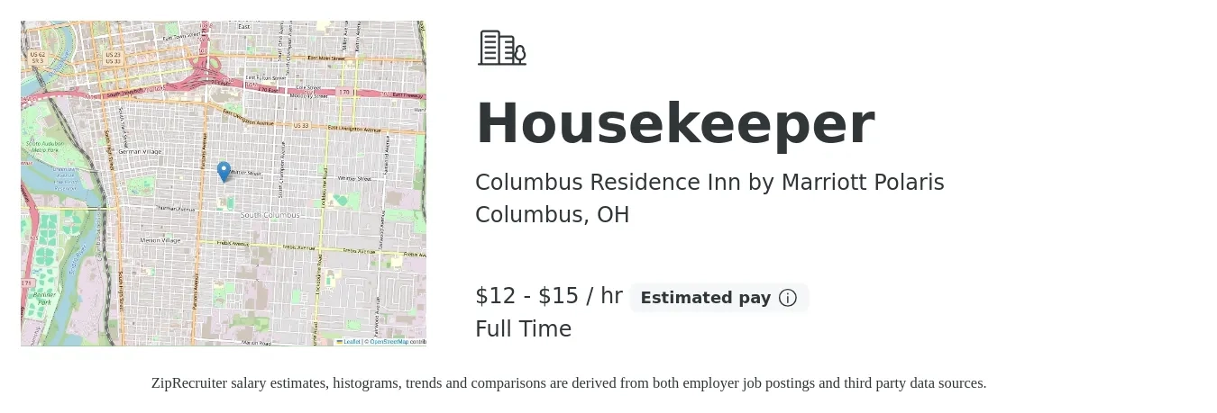 Columbus Residence Inn by Marriott Polaris job posting for a Housekeeper in Columbus, OH with a salary of $13 to $16 Hourly with a map of Columbus location.
