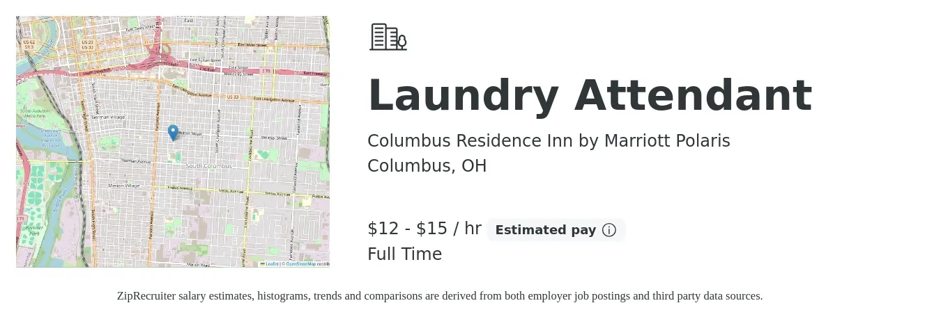Columbus Residence Inn by Marriott Polaris job posting for a Laundry Attendant in Columbus, OH with a salary of $13 to $16 Hourly with a map of Columbus location.