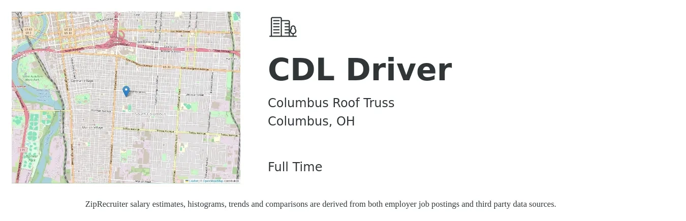 Columbus Roof Truss job posting for a CDL Driver in Columbus, OH with a salary of $24 to $42 Hourly with a map of Columbus location.