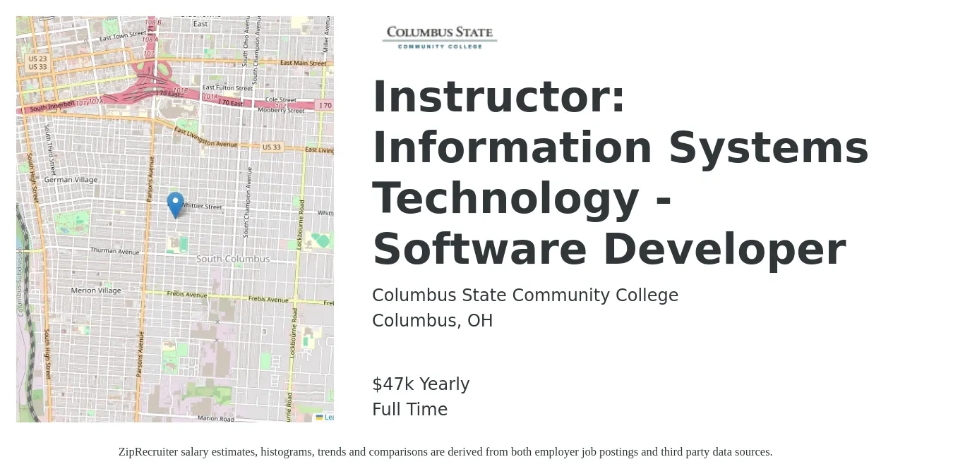 Columbus State Community College job posting for a Instructor: Information Systems Technology - Software Developer in Columbus, OH with a salary of $47,160 Yearly with a map of Columbus location.